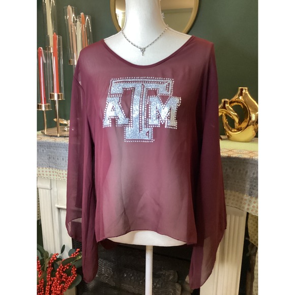 gameday couture Tops - Gameday Couture Texas A&M Aggies Maroon Sheer Sequin Bell Sleeve Top Large